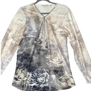 Soft Surroundings Floral Half Zip Top XL Beige Gray Neutral Romantic Boho Cozy